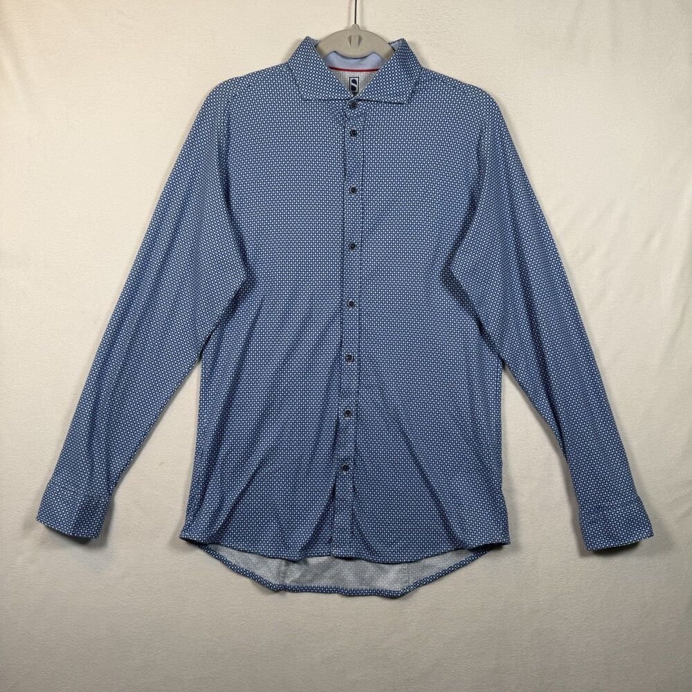 Desoto Button Down Shirt M Blue White Geo Print Cotton Stretch Casual